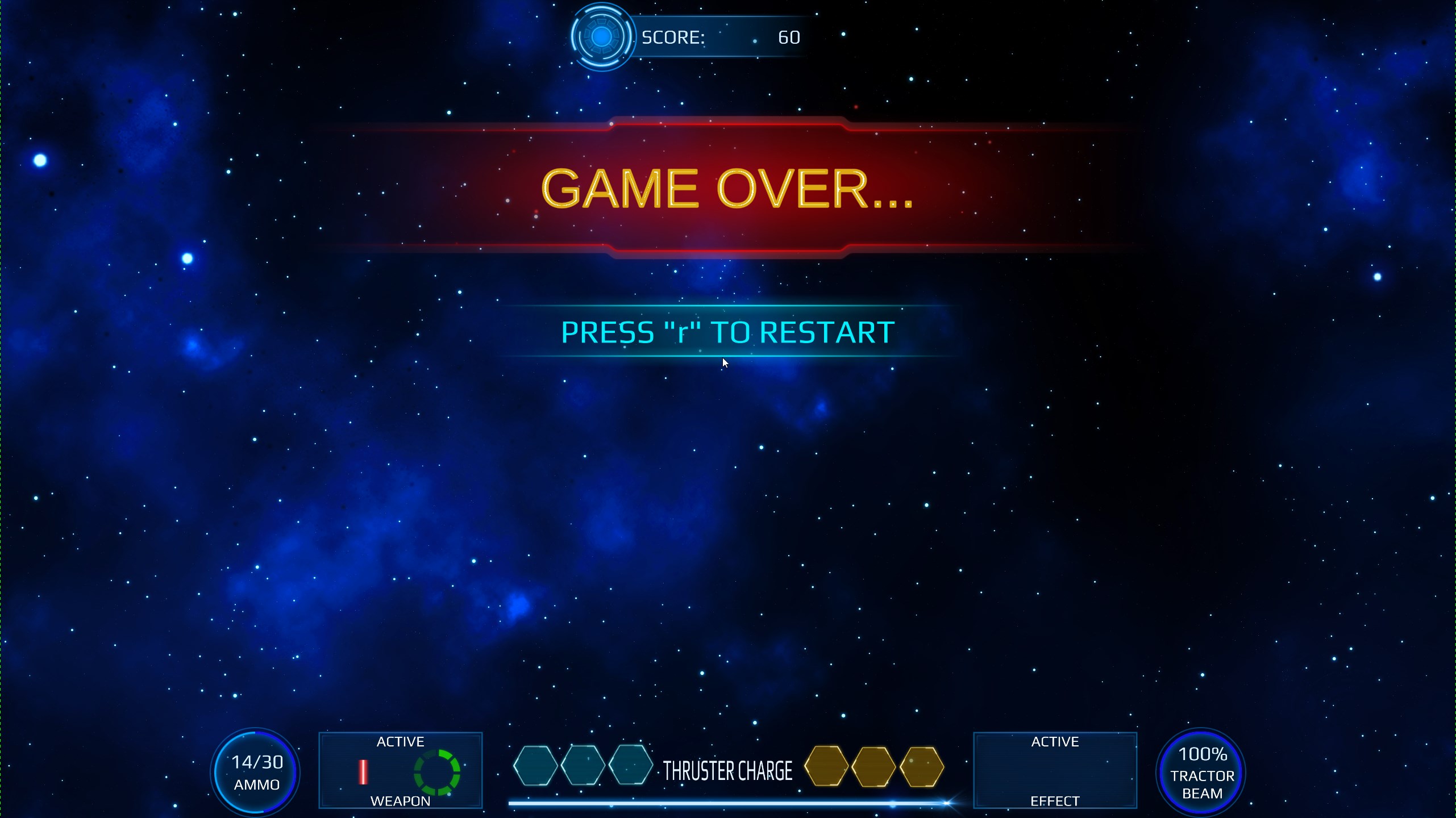 Screenshot from the Milkyway Defence Force video game displaying the 'Game Over' screen. 
                             The screen shows a vibrant red and yellow 'GAME OVER' banner across the middle, with a prompt below saying 'PRESS R TO RESTART'