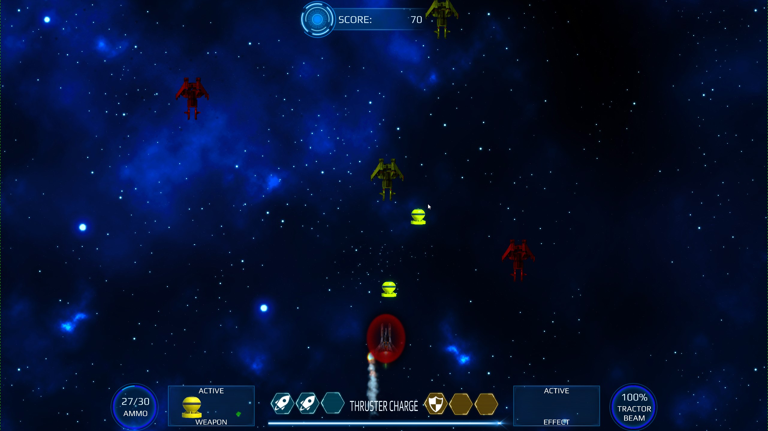 Screenshot of Milkyway Defence Force game play. The hud diplays the current score, ammunition count, active weapons status, 
                             amount of thruster charge, remaining tractor beam charge and health status. There are 4 enemies on screen, 2 of which are yellow space ships and 2 are red. The player ship is smoking from one of the engines.
                             The player ship has fired some bombs which are moving up screen. The player ship is surrounded by a red shield.