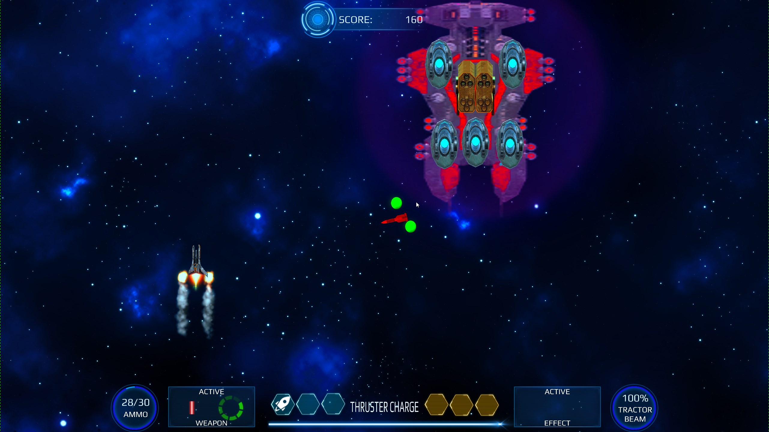 Screenshot from the Milkyway Defence Force video game showing a boss battle scene.
                             The player has fire coming from both engines indicating it has only one remaining hit point.
                             The boss enemy is quite large taking up about a third of the the screen height. The boss has five active plasma turrets, one active missile turret and a large shield.
                             There is a homing missile miving towards the player, as well as two plasma balls near the missile.