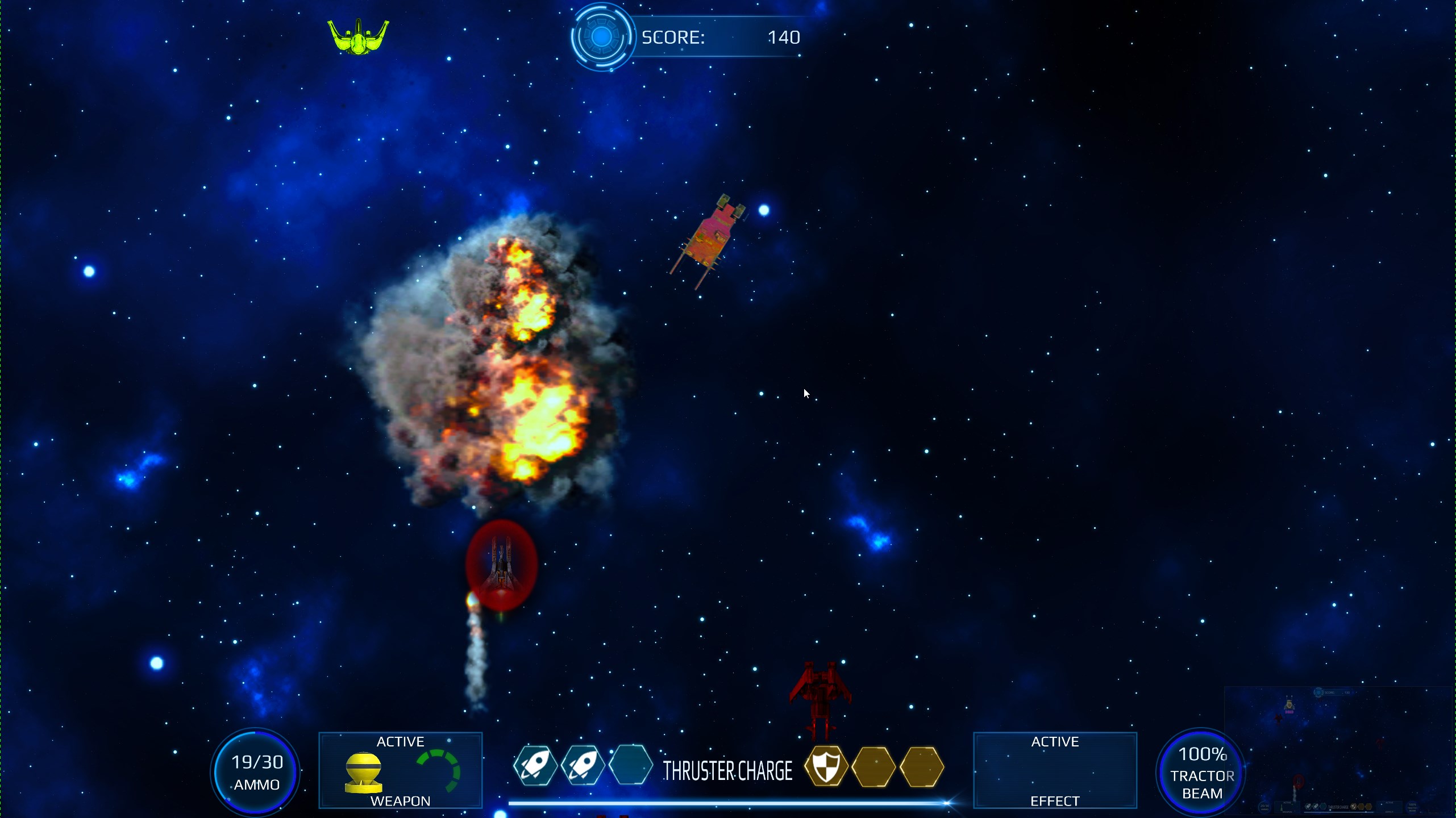 Screenshot from the Milkyway Defence Force video game depicting a dramatic moment in gameplay. 
                             The player's ship is surrounded by a red shield, and a large explosion is visible, representing an enemy ship being destroyed. 
                             Three enemy ships, two generic ones which are yellow red, and a smaller yellow one, are visible on screen.