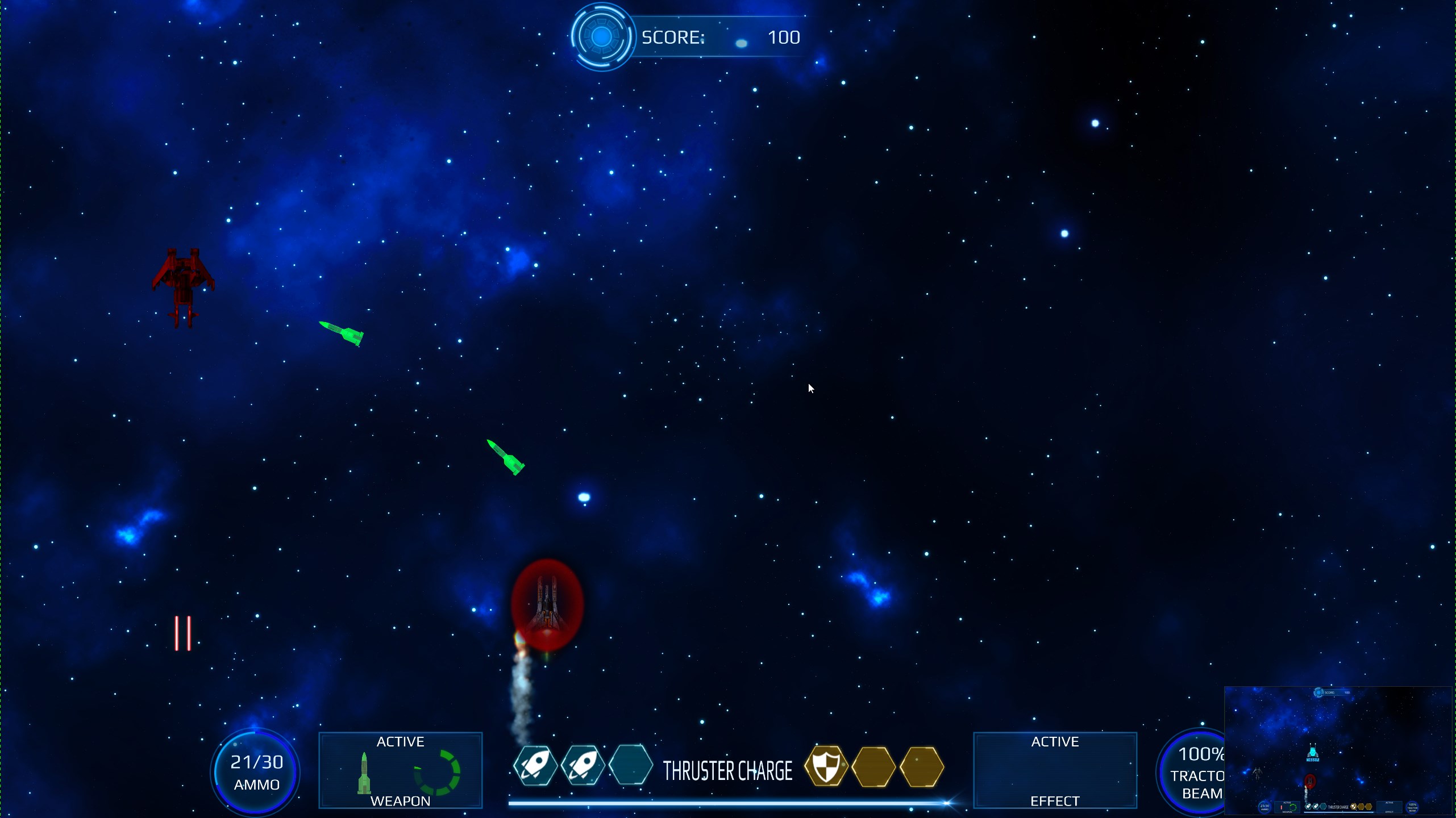 Screenshot from the Milkyway Defence Force video game depicting a dramatic moment in gameplay,
                             where the player has fired two homing missiles which are rotating and moving towards a generic red enemy ship.