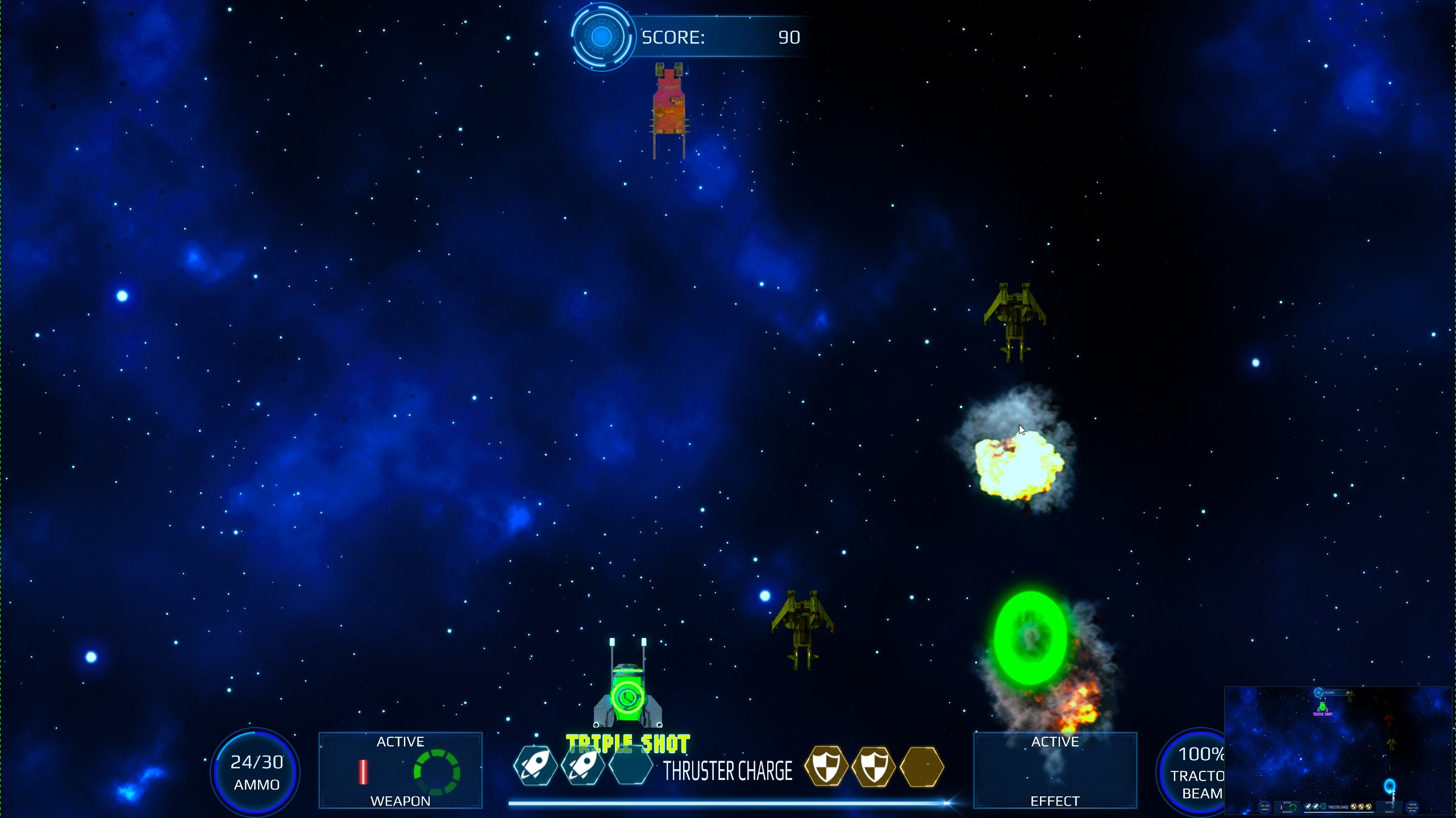 Screenshot from the Milkyway Defence Force video game showing active combat.
                             The player is surrounded by an explosion indicating it was just hit, as well as a green shield showing it has more charges remaining.
                             There is a green powerup on the screen, displaying the words 'Triple Shot'.
                             There are three enemy ships on the screen, two generic yellow ones and a square orange one.