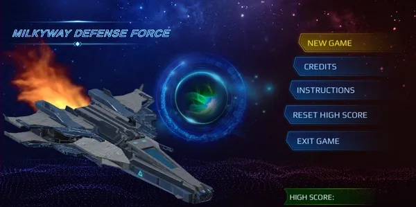 Screenshot of Milkyway Defence Force main menu. There is an image of a spaceship with the title 'Milkyway Defence Force' overlayed, The menu options are 'Play, Credits, Instructions,
Reset High Score and Exit Game'. The high score is displayed in the bottom right corner but no value is provided