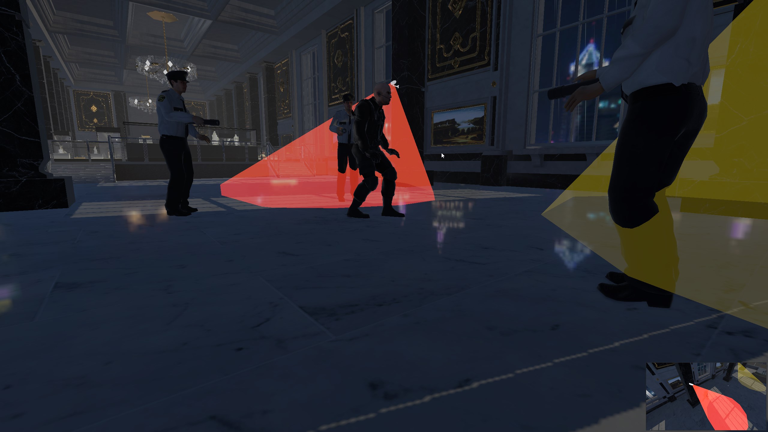 Screenshot from 'The Great Fleece' capturing the game over cutscene where the player's character has been caught.
Dressed in a dark stealth suit, the player is surrounded by three security guards in a museum hall with dark marble walls and golden accents.
All guards are pointing their flashlights directly at the player.
Additionally, a security camera's field of view indicator has turned red, signaling that the player is under surveillance and detected.