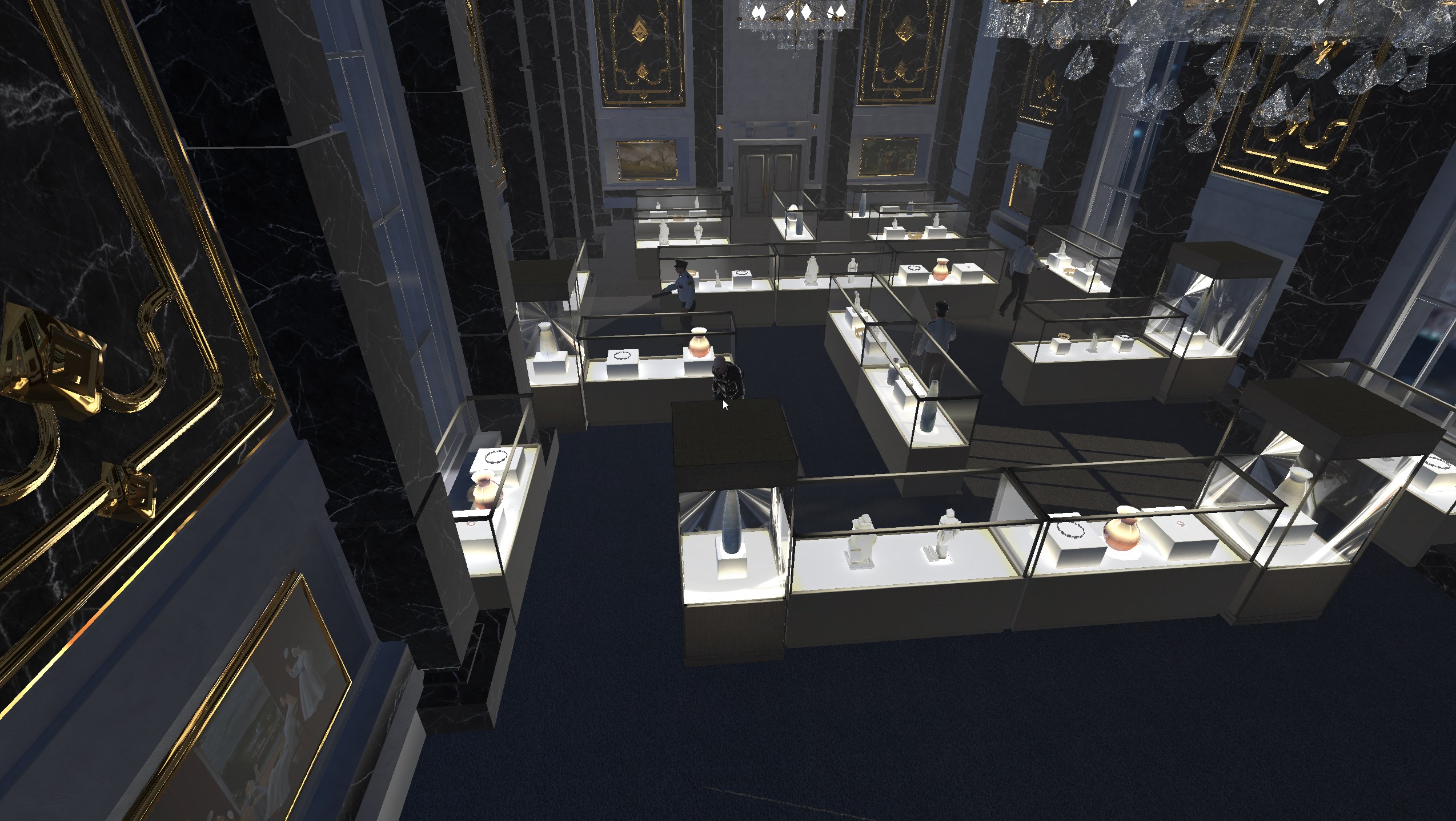 Screenshot from The Great Fleece showing an richly decorated and luxurious museum interior where the game is set.
The museum features marble floors and dark marble columns, with large golden chandeliers hanging from the ceiling.
The main floor is filled with glass display cases showcasing various valuable items.
Multiple security guards patrol the area. The player's character is seen navigating through the museum, possibly strategizing a stealth approach to avoid detection.